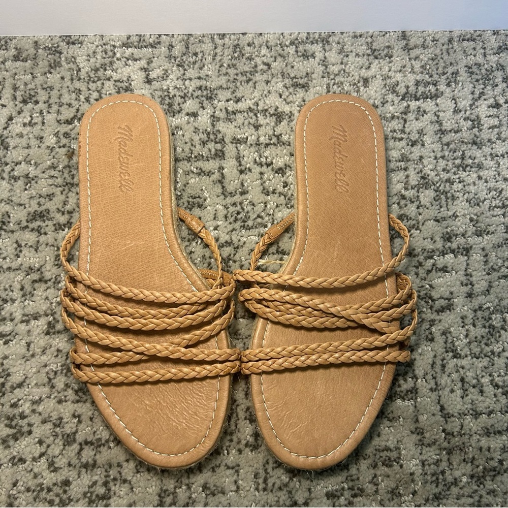 Madewell Tan Leather Braided Strappy The Kathryn Espadrille Slide Sandals Size 8
